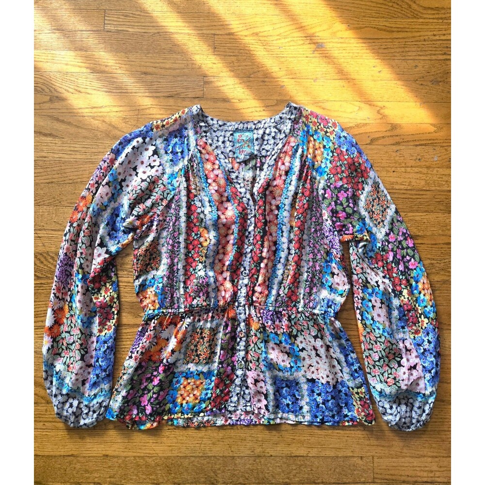 Johnny Was Floral Long Sleeve Button Front Peplum Blouse Size Medium Colorful